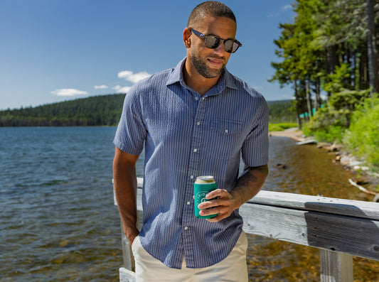 Short Sleeve Performance Pearl Snap - Dusty Blue Seersucker