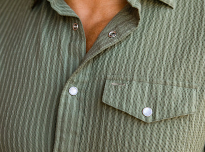 Short Sleeve Performance Pearl Snap - Olive Seersucker