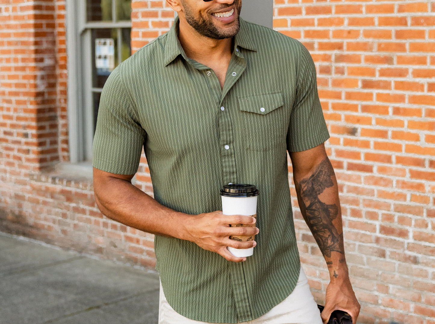 Short Sleeve Performance Pearl Snap - Olive Seersucker