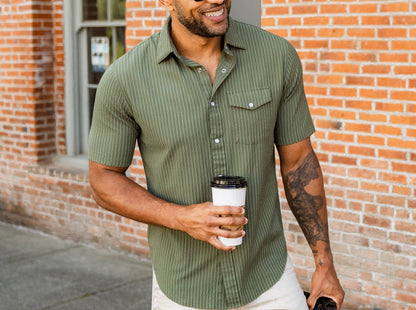 Short Sleeve Performance Pearl Snap - Olive Seersucker