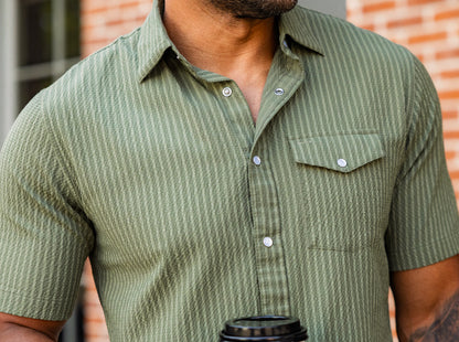 Short Sleeve Performance Pearl Snap - Olive Seersucker