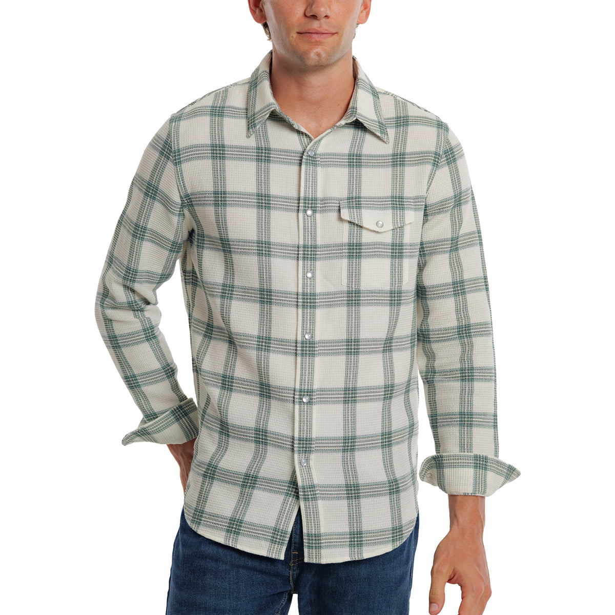 Waffle Plaid Pearl Snap - Cream Plaid