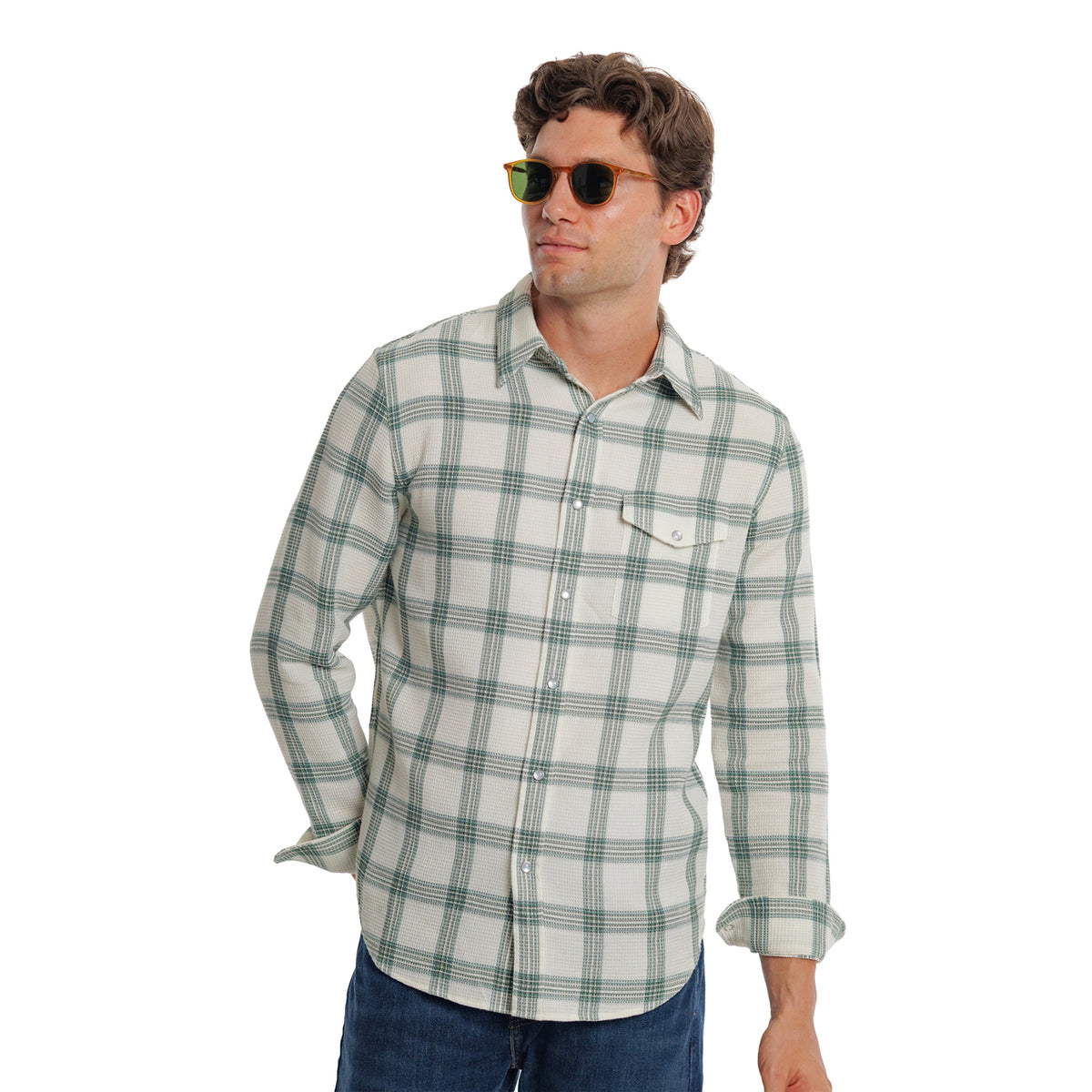 Waffle Plaid Pearl Snap - Cream Plaid