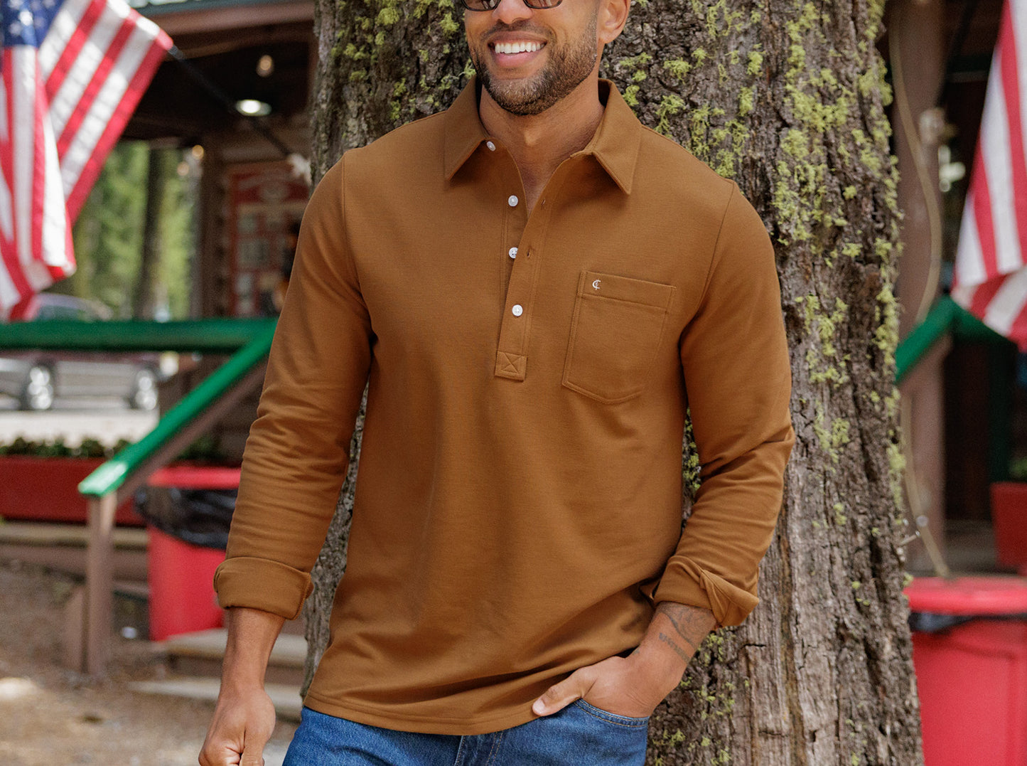 Slim Fit Long Sleeve Players Shirt - Chestnut