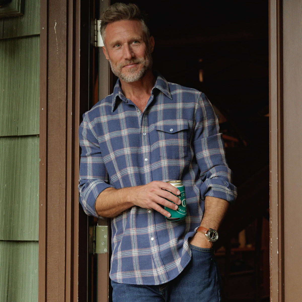 Waffle Plaid Pearl Snap - Navy Plaid