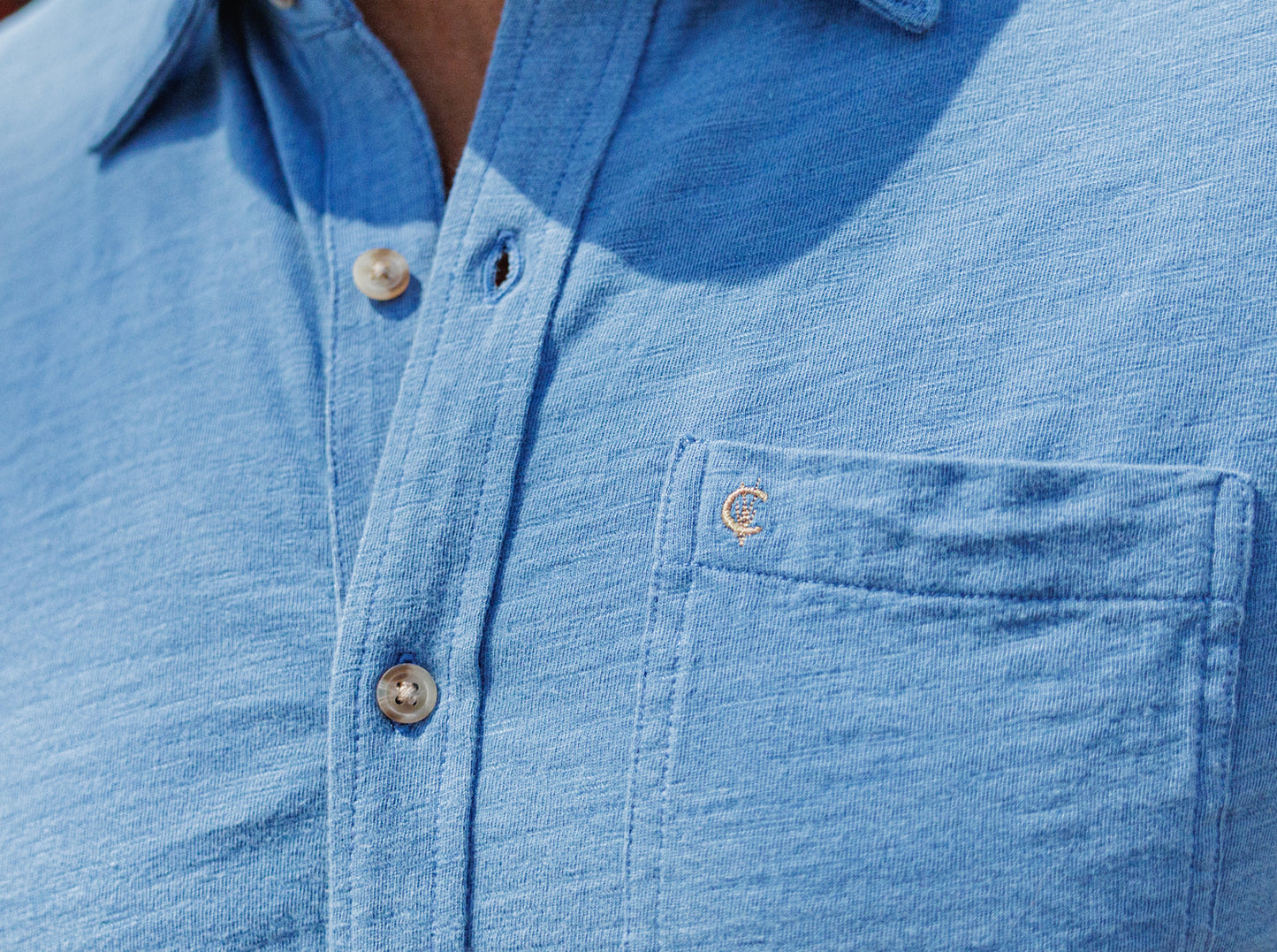 Indigo Knit Short Sleeve Button Down - Light Wash Indigo