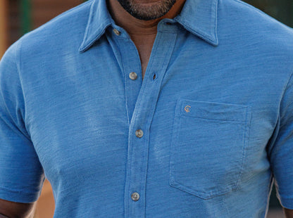 Indigo Knit Short Sleeve Button Down - Light Wash Indigo