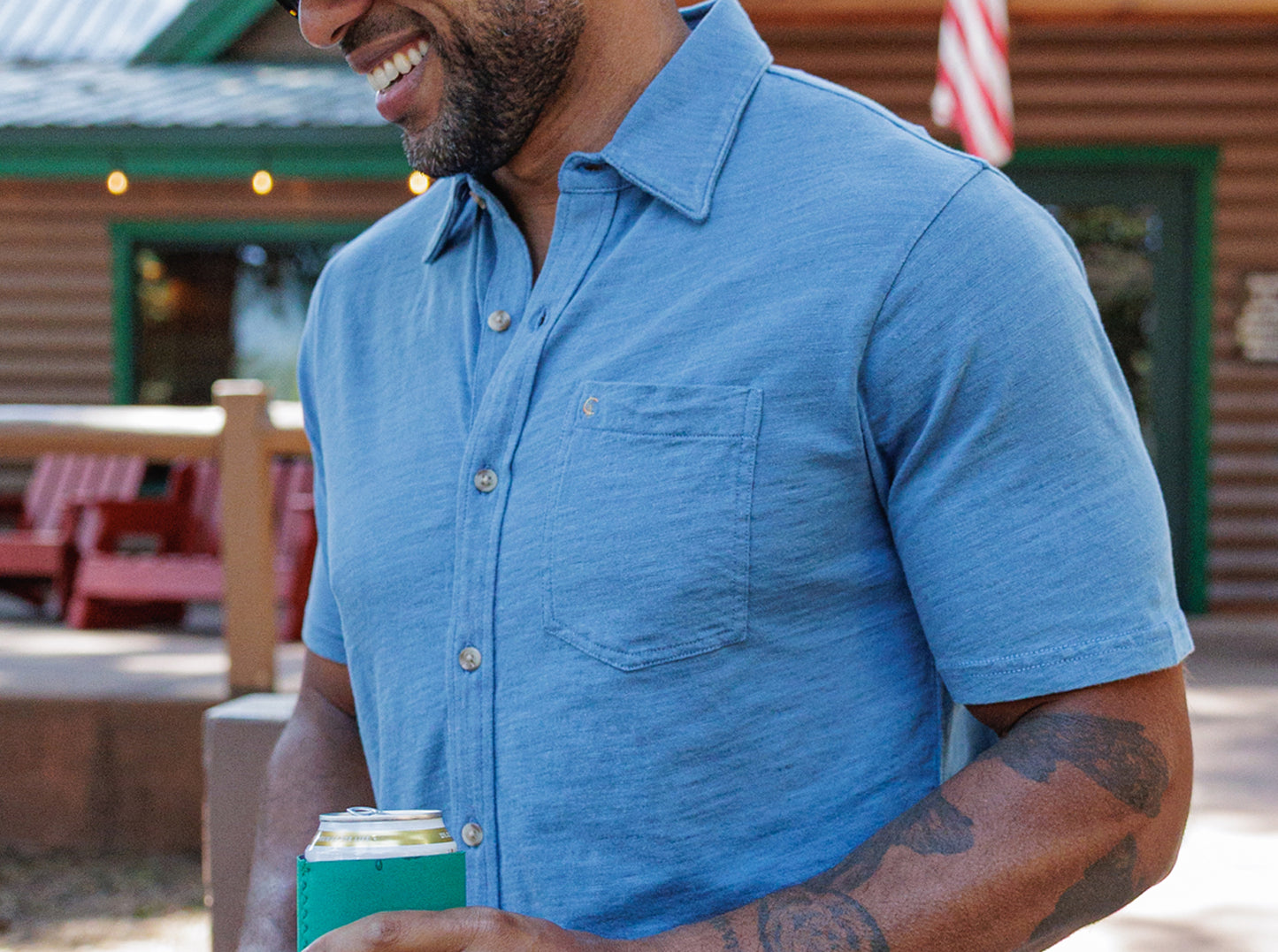 Indigo Knit Short Sleeve Button Down - Light Wash Indigo