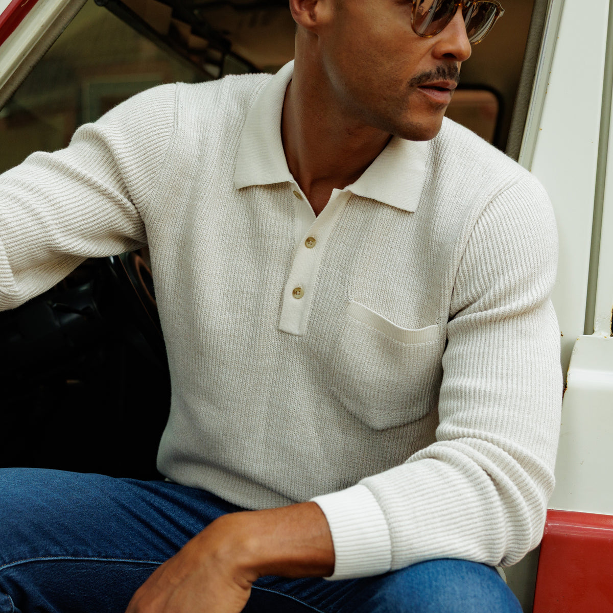 Long Sleeve Bungalow Sweater Polo - Oat