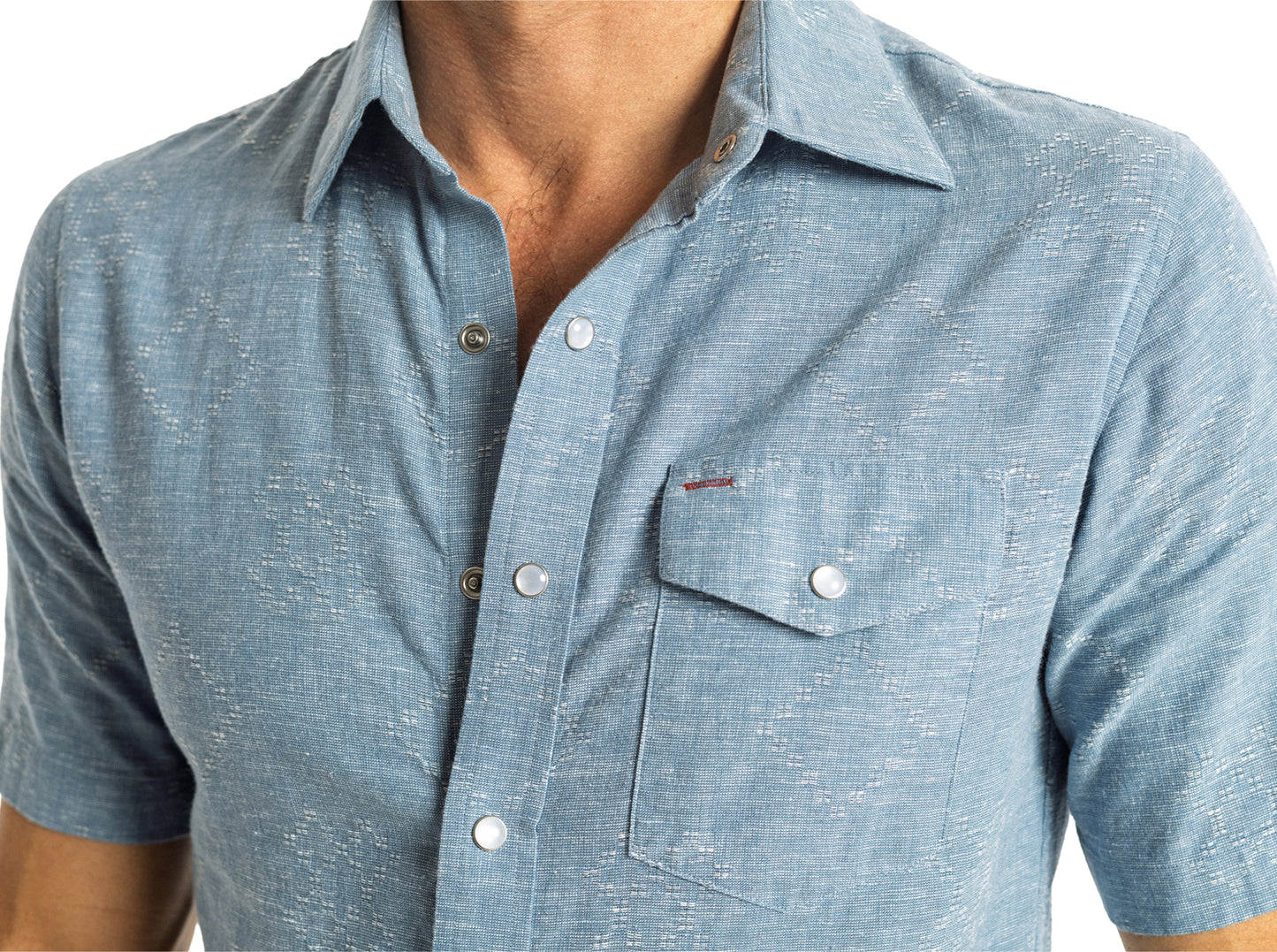 Hemp Cotton Pearl Snap - Geo Chambray - Light Blue