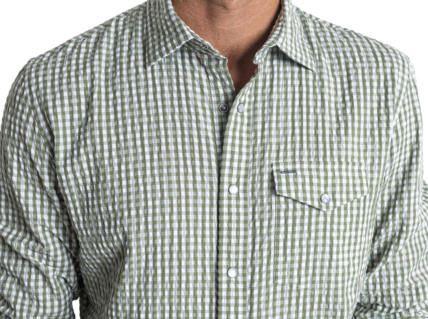 Performance Pearl Snap Button Down - Gingham Seersucker - Olive