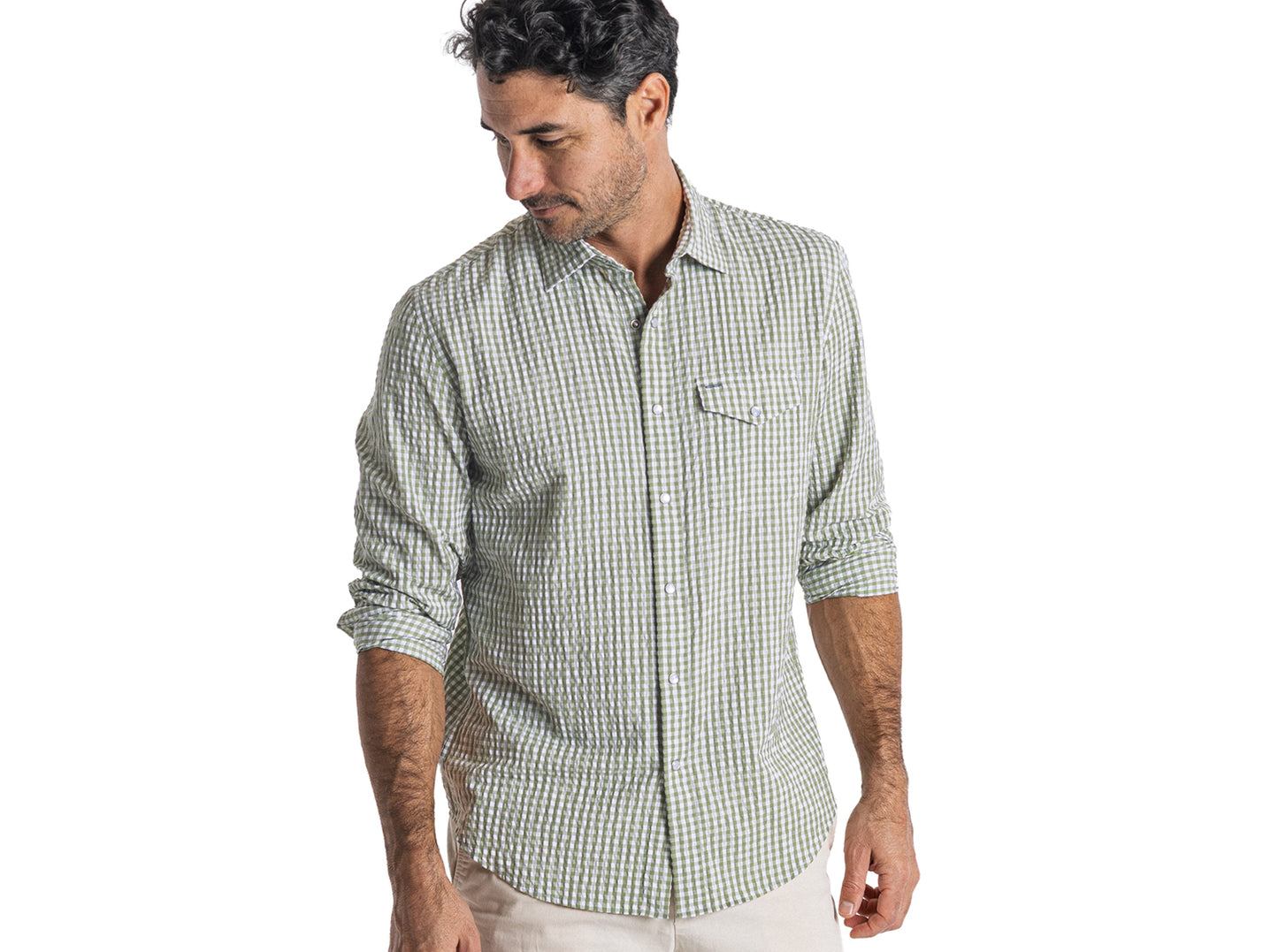 Performance Pearl Snap Button Down - Gingham Seersucker - Olive