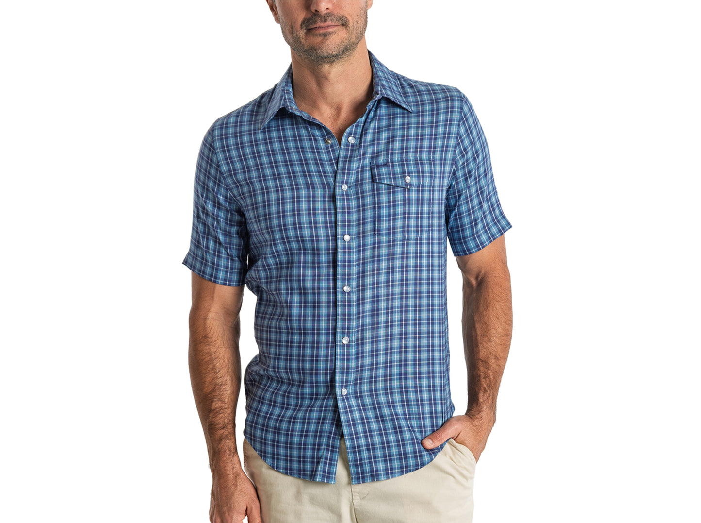 Short Sleeve Performance Pearl Snap - Blue Check