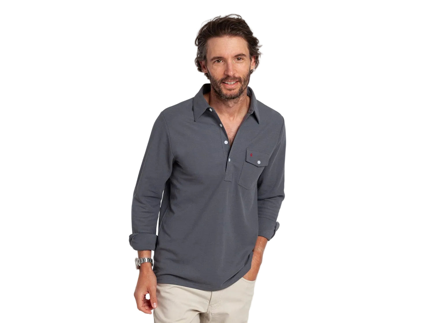 Criquet Long Sleeve Players Shirt in Blue Steel, studio photo