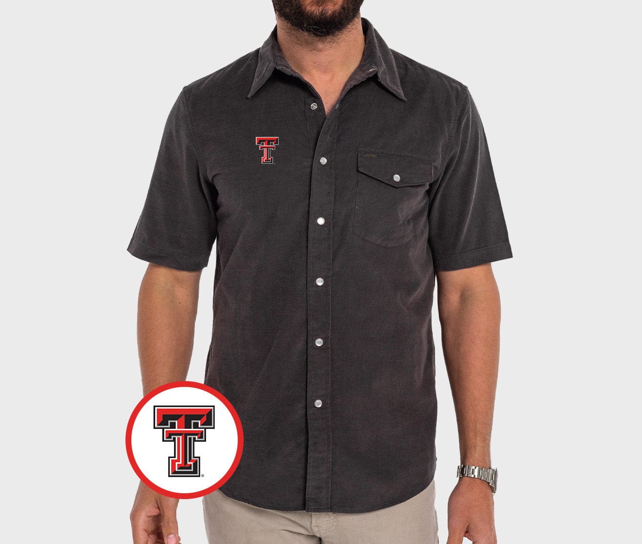 Texas Tech - Short Sleeve Corduroy Pearl Snap - TT Mark - Gray