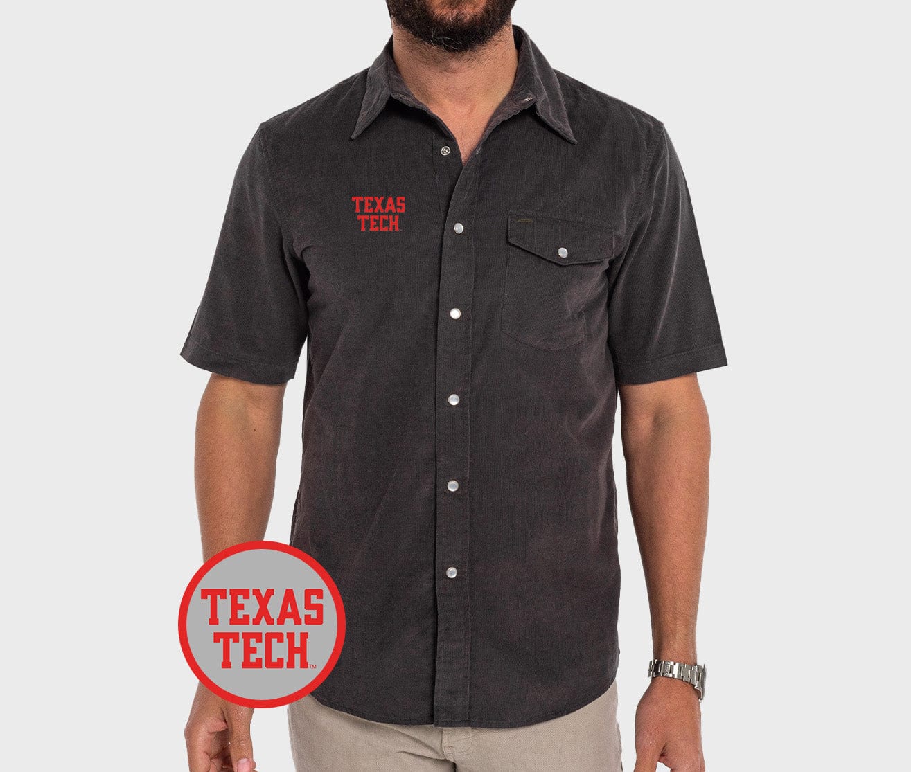 Texas Tech - Short Sleeve Corduroy Pearl Snap - Texas Tech Stack - Gray