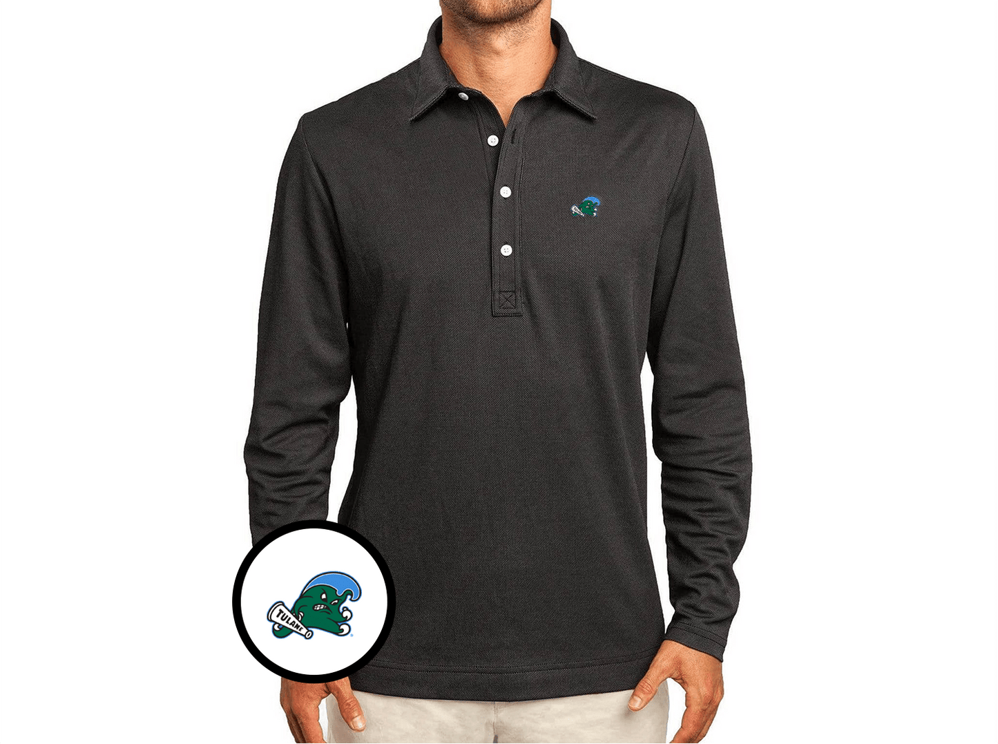 Tulane - Jacquard Long Sleeve Range Polo - Riptide - Black