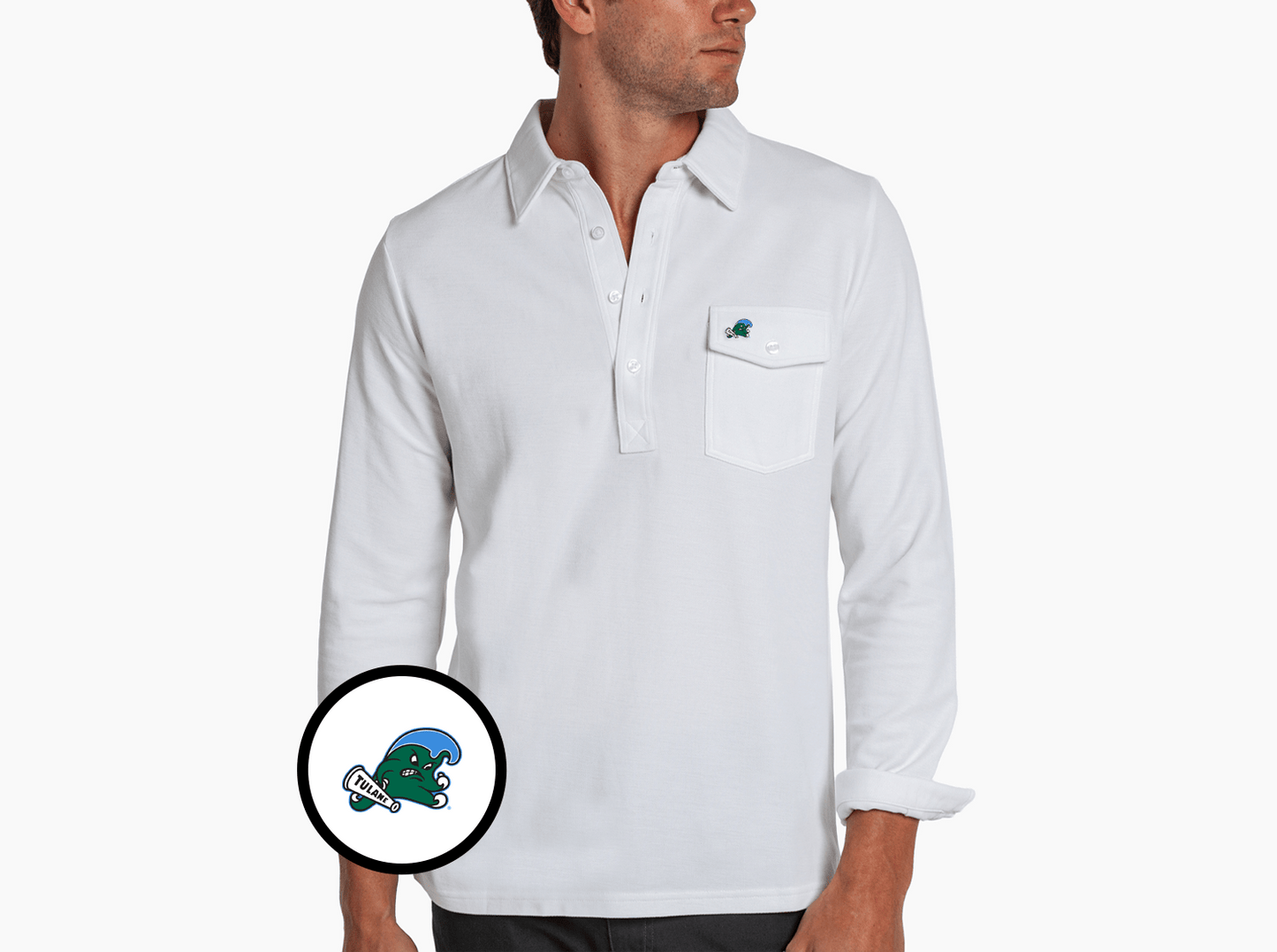 Tulane - Jacquard Long Sleeve Range Polo - Riptide- White