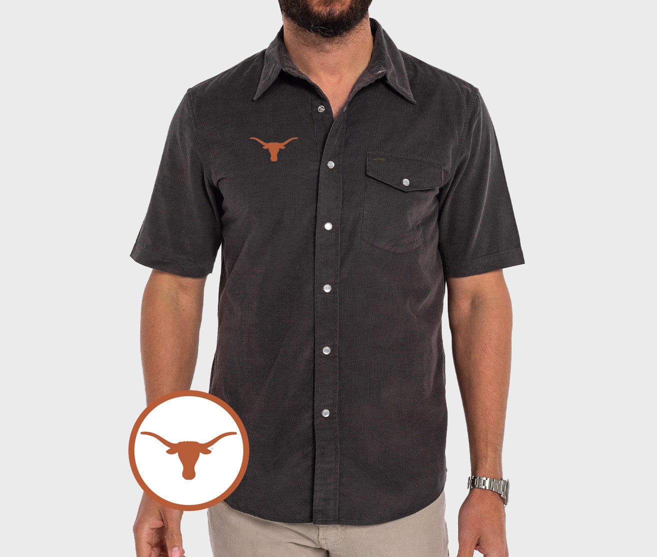 Texas - Short Sleeve Corduroy Pearl Snap - Longhorn - Gray