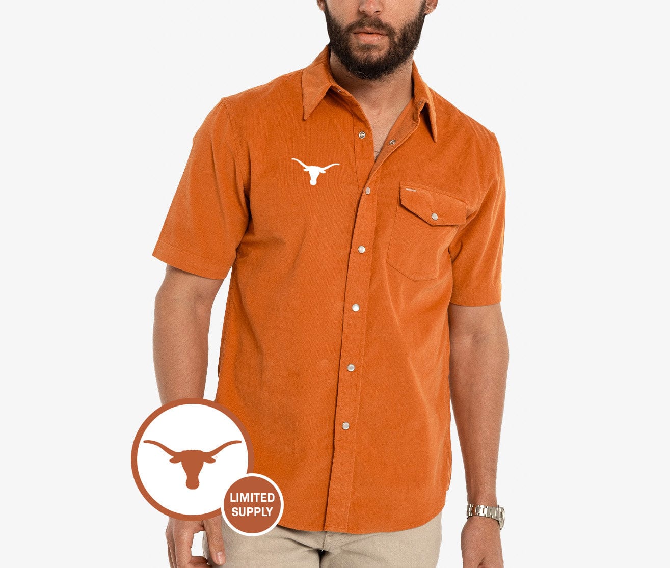 Criquet Texas in Short Sleeve Corduroy Pearl Snap, Longhorn, Burnt Orange, view 1
