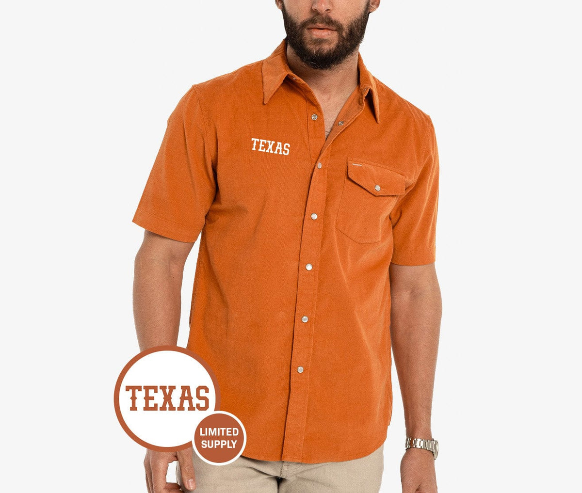 Criquet Texas in Short Sleeve Corduroy Pearl Snap, Texas, Burnt Orange, view 1