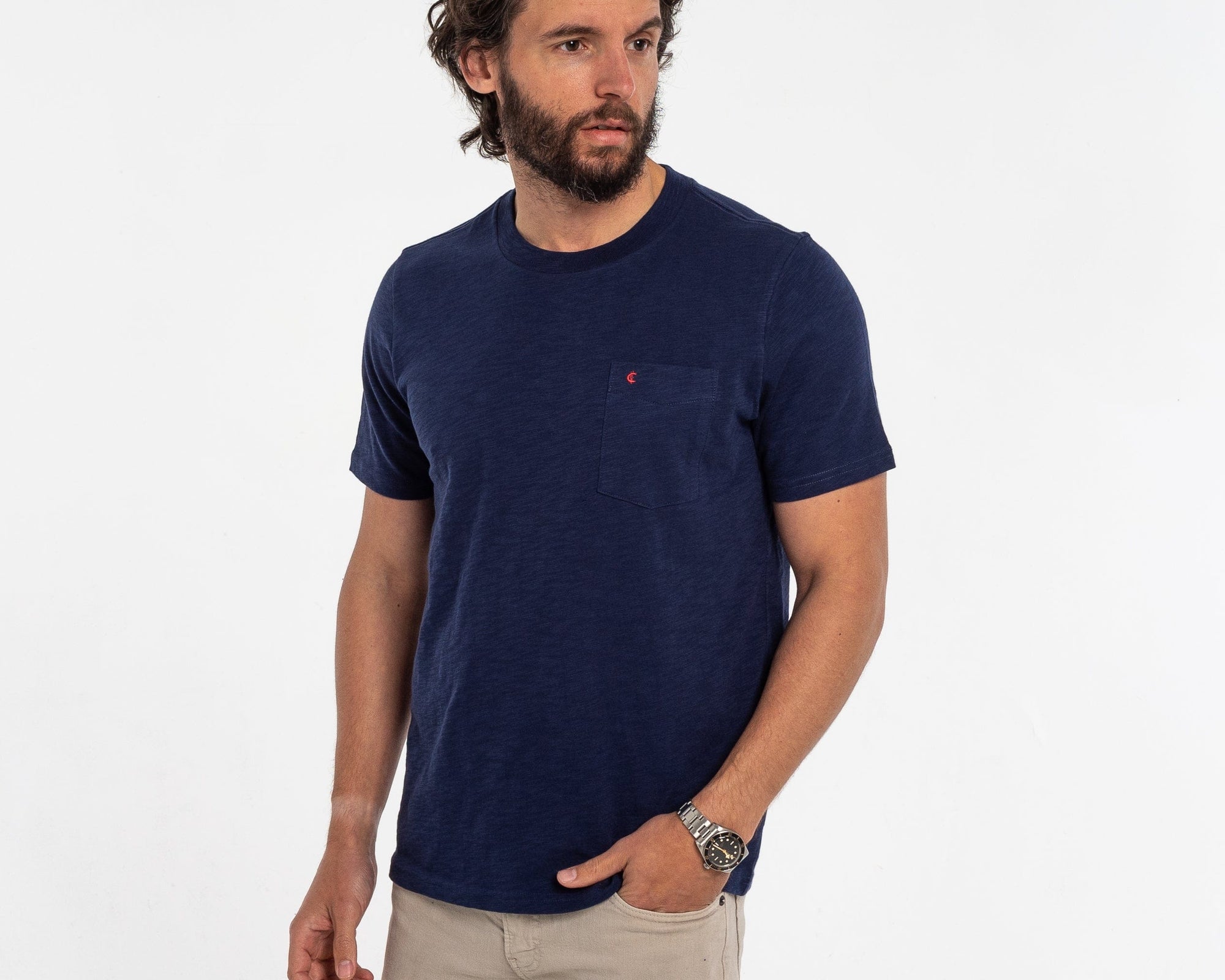 Slub Cotton Pocket T-Shirt - Navy Blue - Secondary