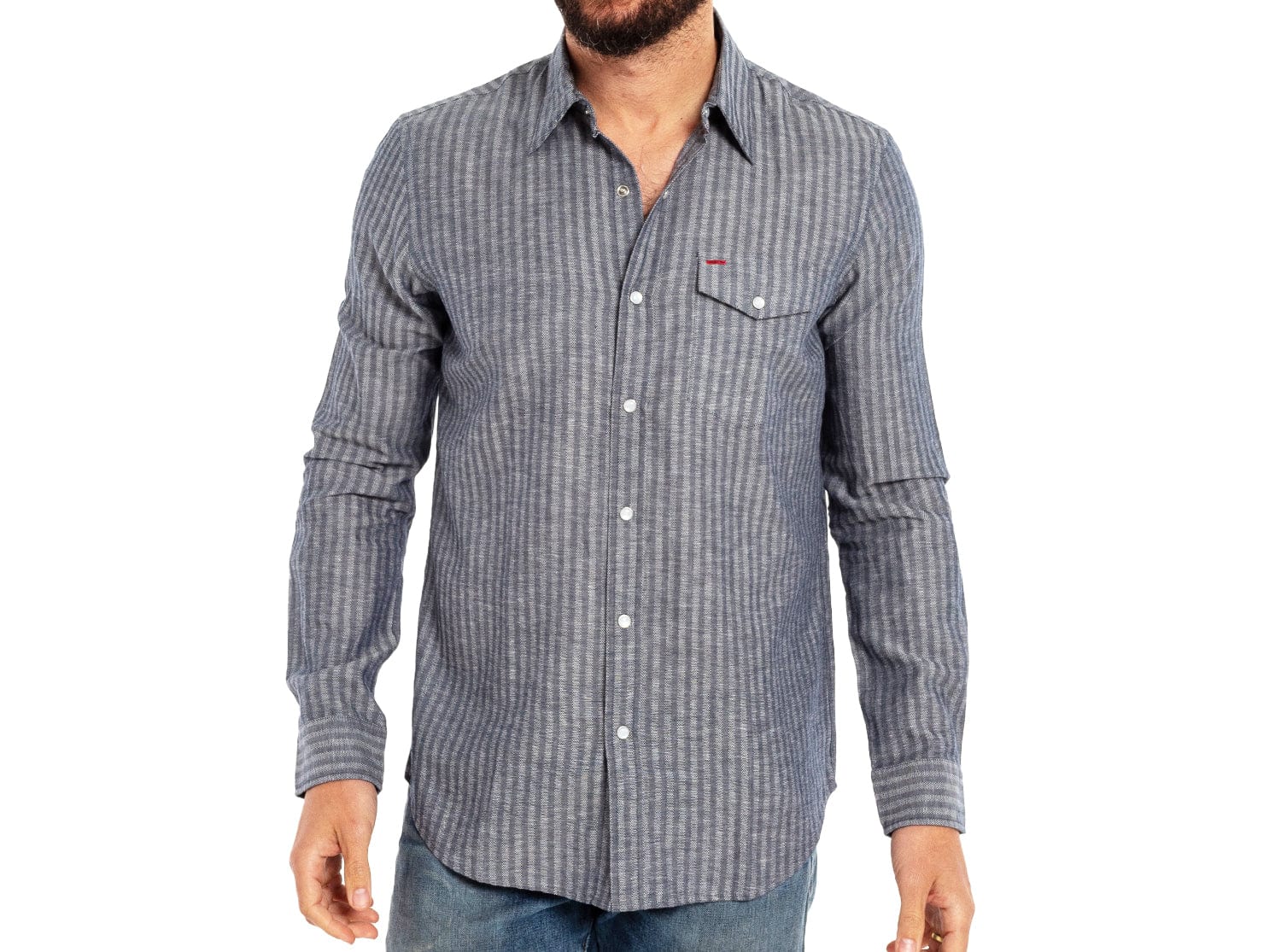 Long Sleeve Button Down - Chambray Stripe Pearl Snap - Navy