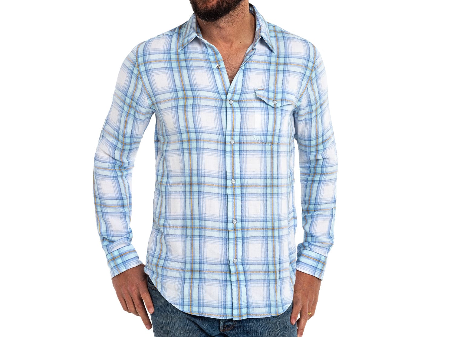 Long Sleeve Button Down - Double Cloth Flannel Pearl Snap - Light Blue - Secondary