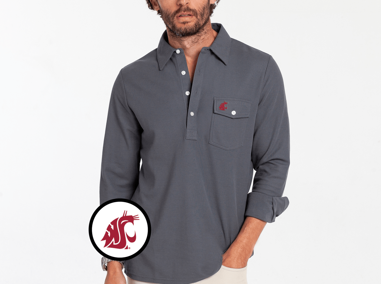 Washington State - Long Sleeve Players Shirt - Cougar - Blue Steel