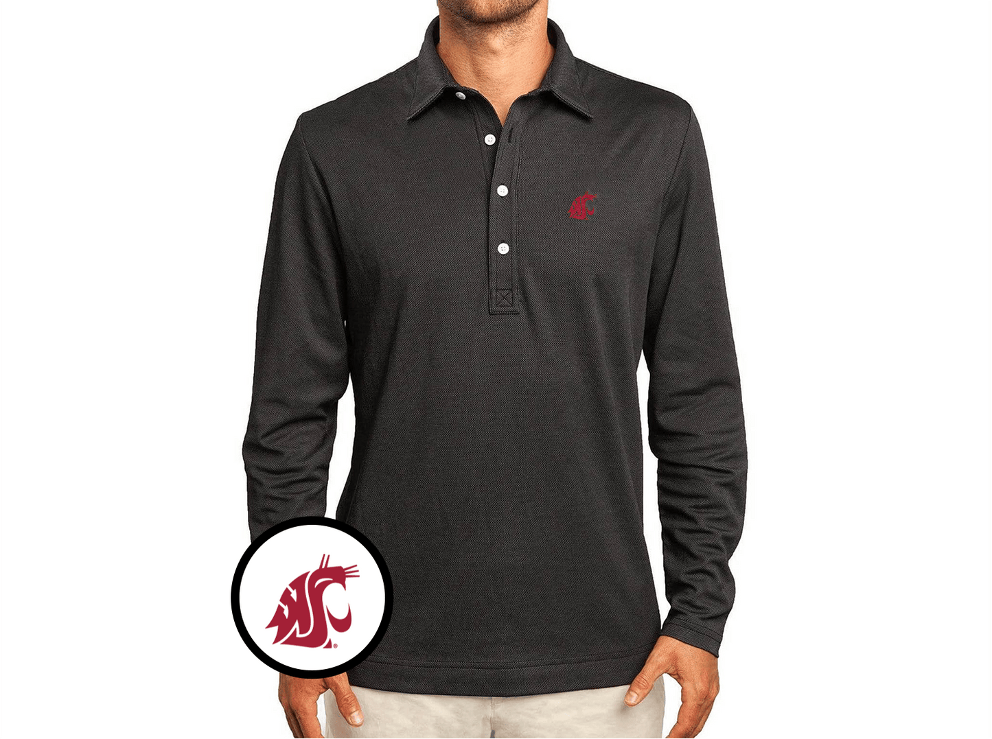 Washington State - Jacquard Long Sleeve Range Polo - Cougar - Black