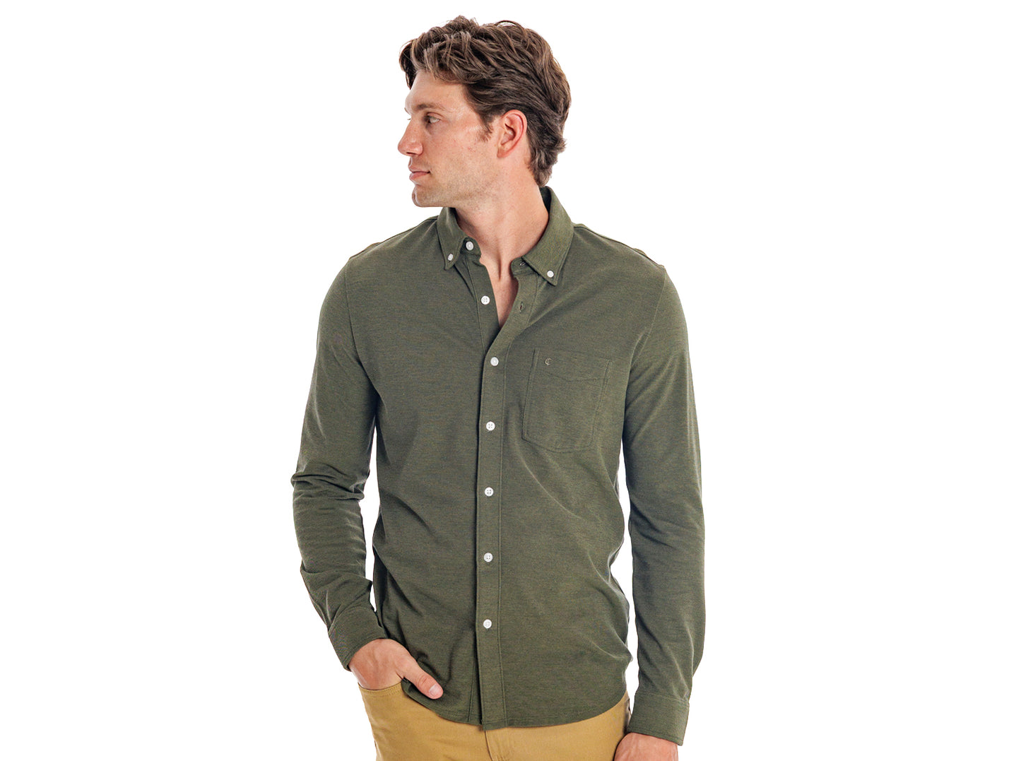 Criquet Oxford Knit Button Down in Dark Olive, view 4