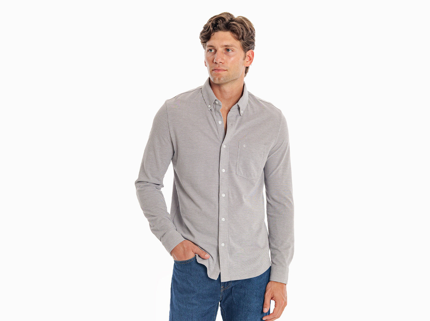 Criquet Oxford Knit Button Down in Light Gray, view 6