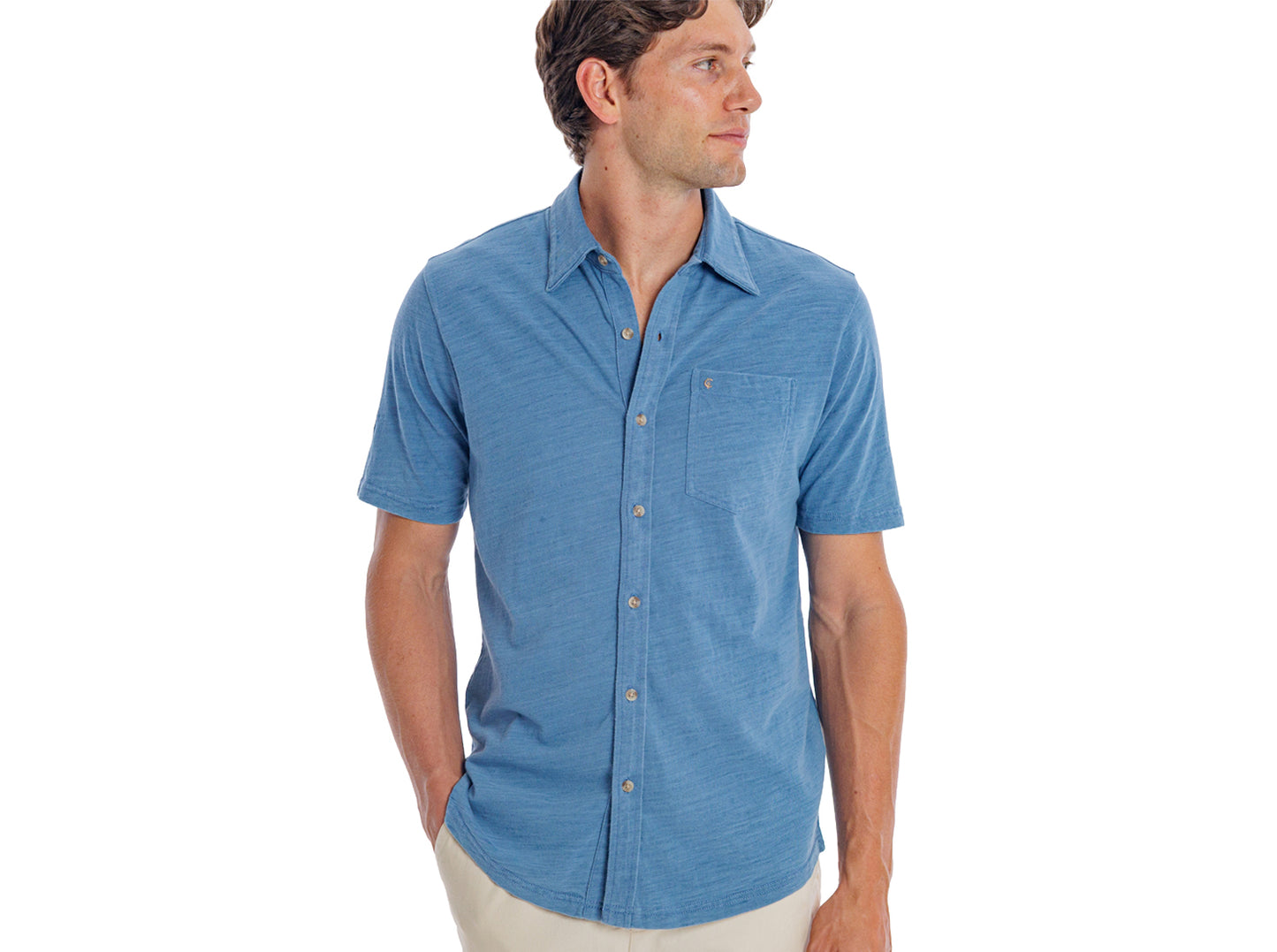 Indigo Knit Short Sleeve Button Down - Light Wash Indigo