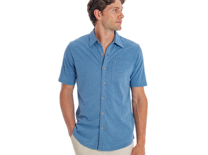 Indigo Knit Short Sleeve Button Down - Light Wash Indigo