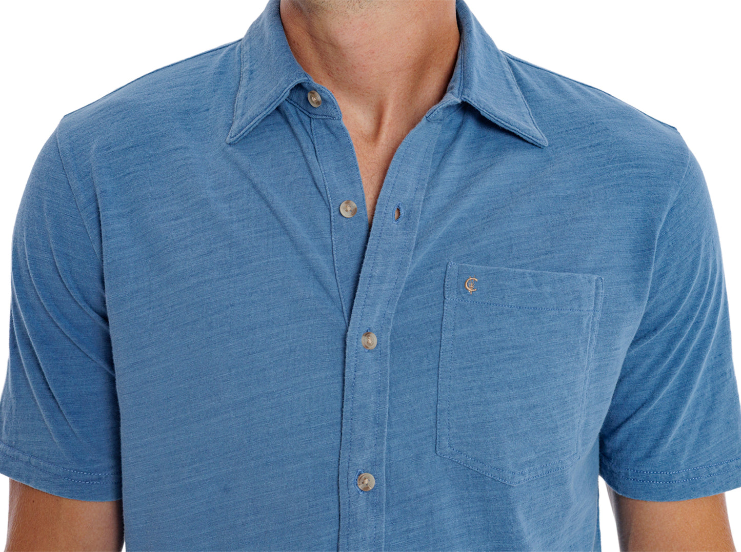 Indigo Knit Short Sleeve Button Down - Light Wash Indigo