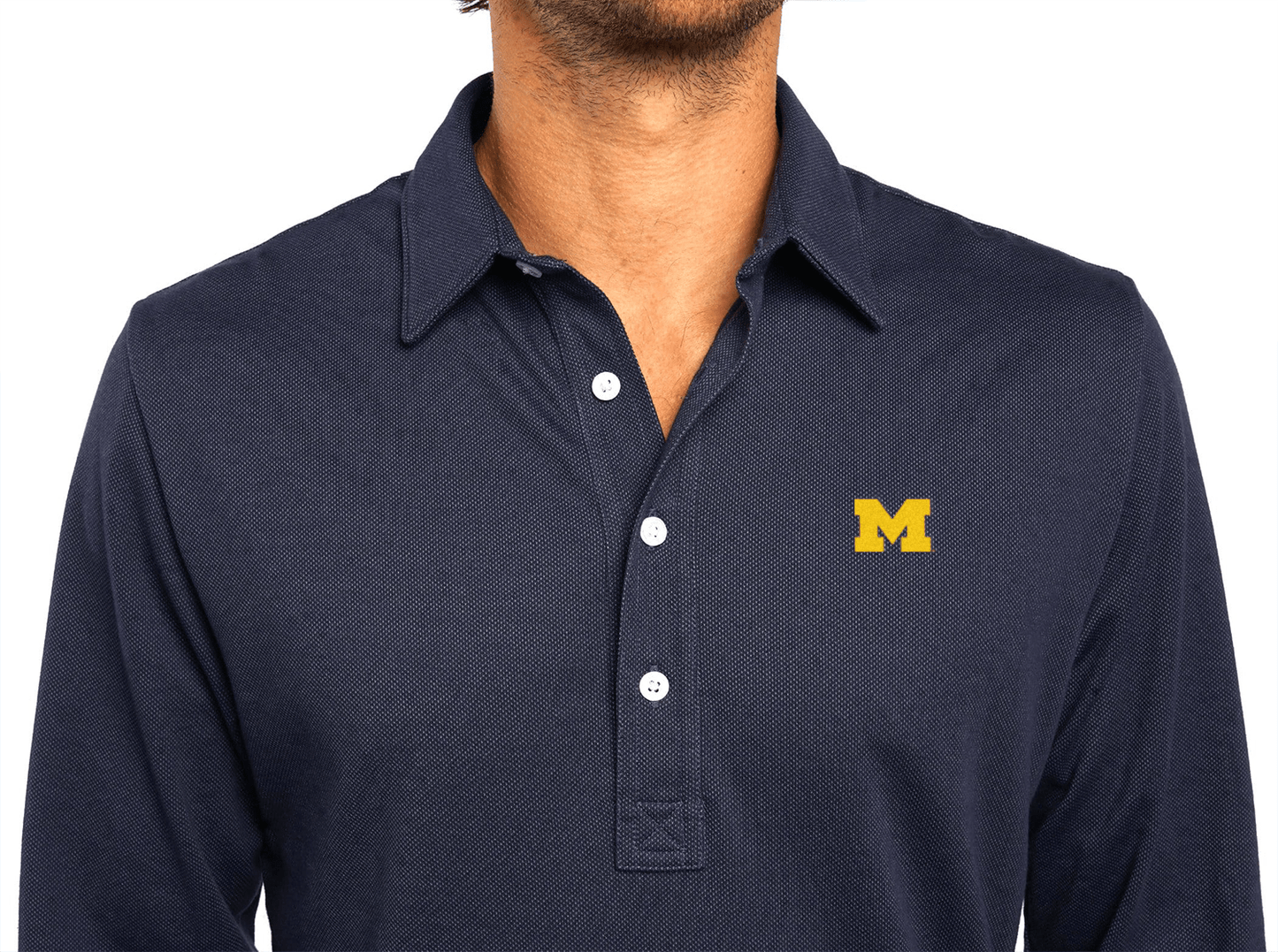 Michigan - Jacquard Long Sleeve Range Polo - M Logo - Navy