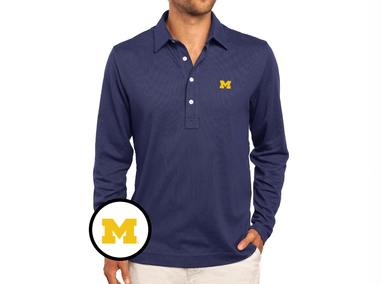 Michigan - Jacquard Long Sleeve Range Polo - M Logo - Navy