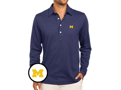 Michigan - Jacquard Long Sleeve Range Polo - M Logo - Navy