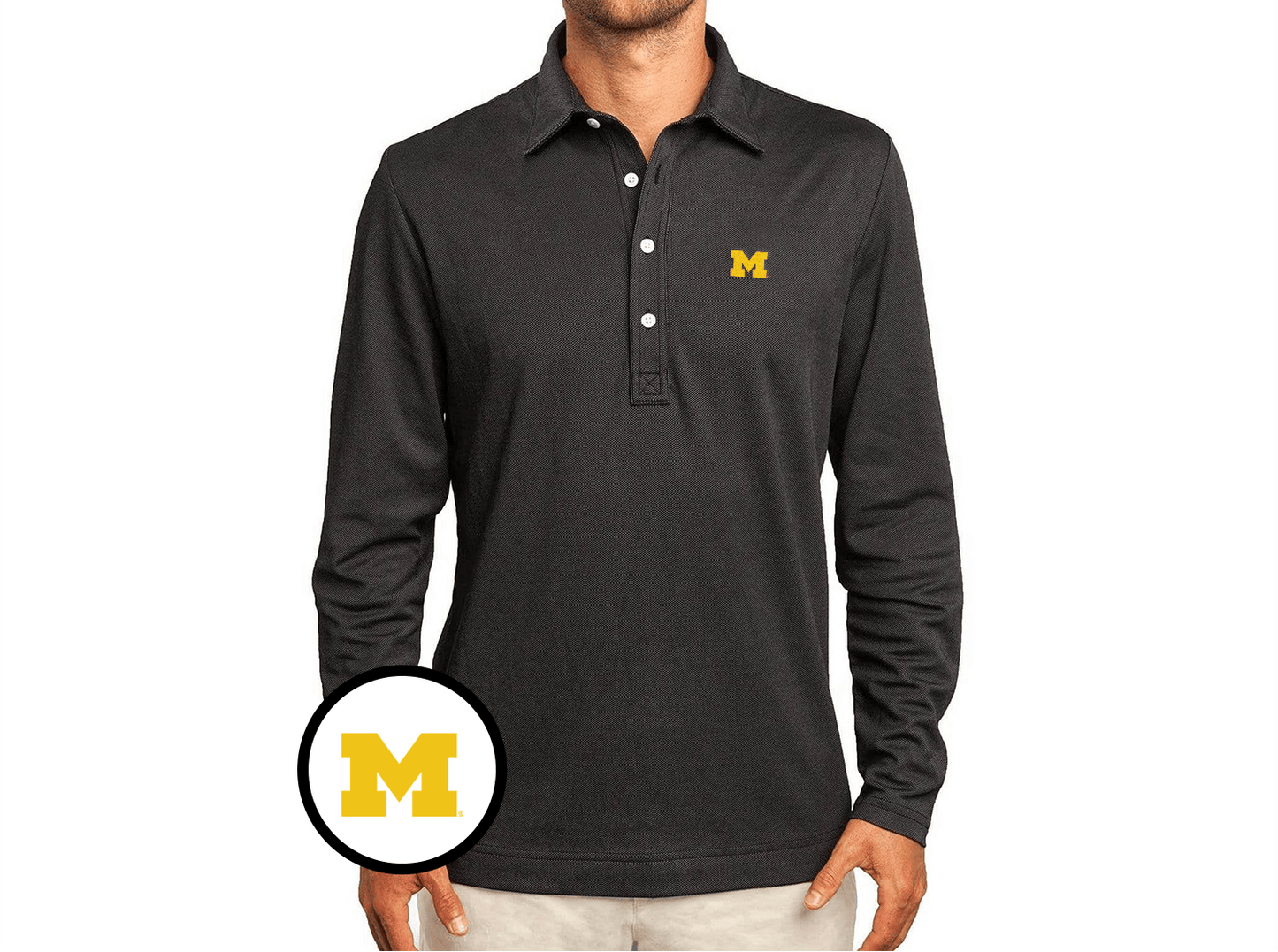 Michigan - Jacquard Long Sleeve Range Polo - M  Logo - Black