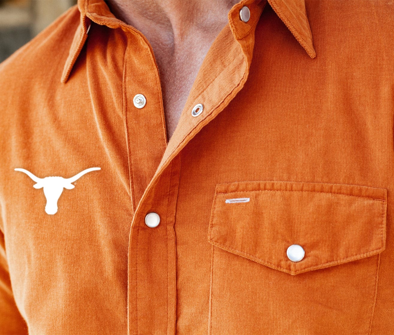 Criquet Texas in Short Sleeve Corduroy Pearl Snap, Longhorn, Burnt Orange, view 5