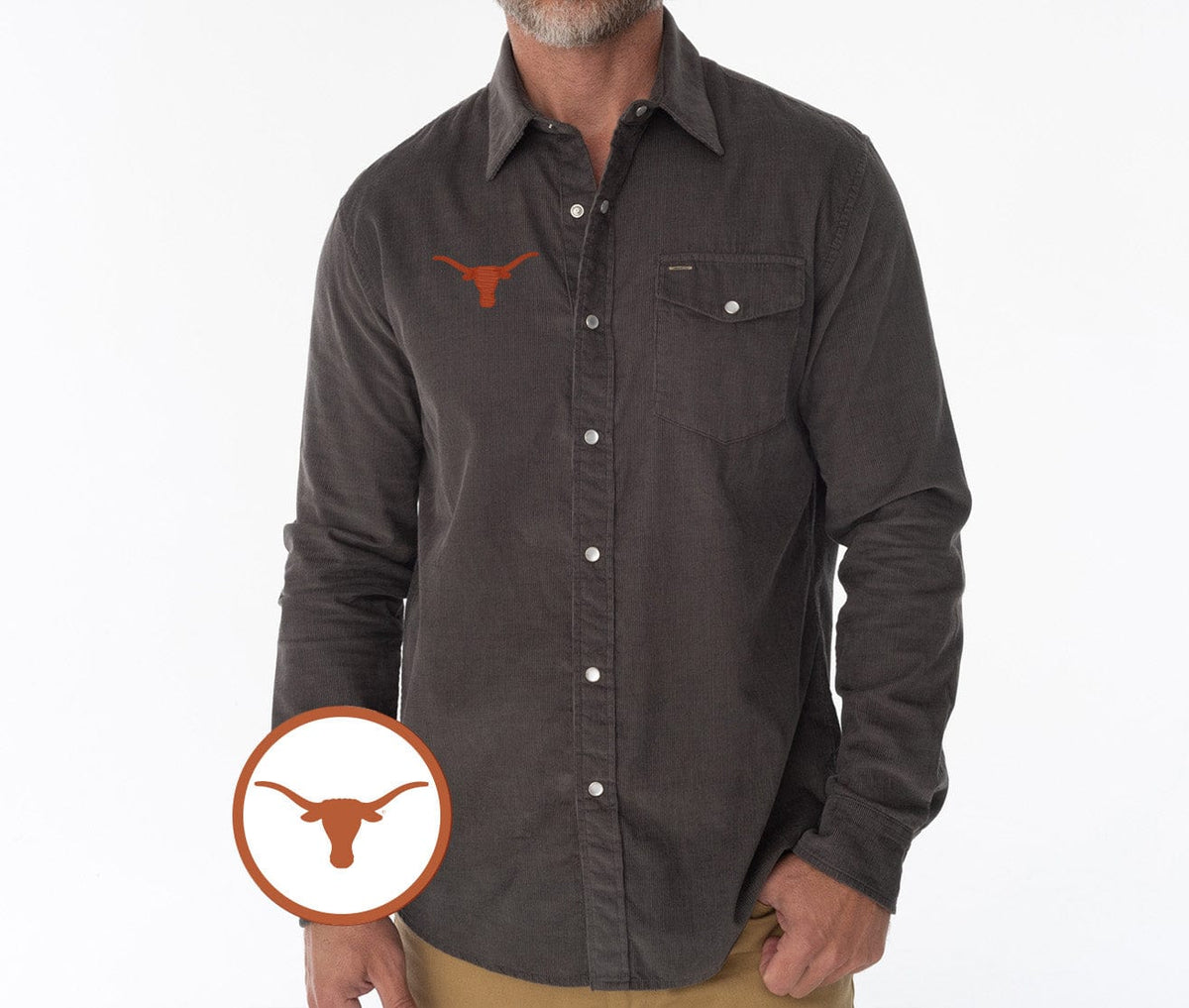 Criquet Texas Corduroy Pearl Snap in Longhorn, Charcoal, view 1